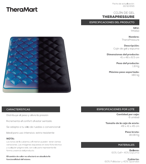 COJIN DE GEL PARA SILLA DE RUEDAS MOD TM350 THERAPRESSURE THERAMART - Imagen 2